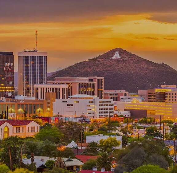 Tucson skyline at sunset with Sentinel Peak